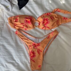 Amazon Peach Floral Ring-Front Bikini Set